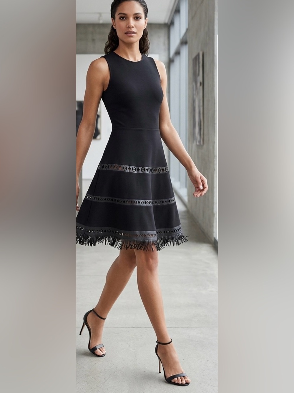 Parker Women’s Serene S Black Knit Finge Leather Fit & Flare Ribbed Dress